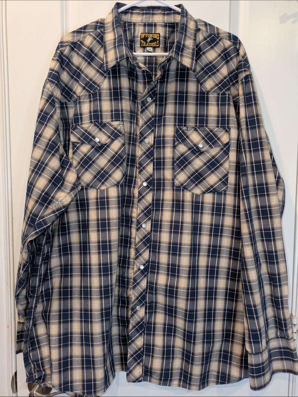 Wyoming Traders Pearl Snap Shirt XXL Blue Tan Plaid Western Cowboy Long Sleeve